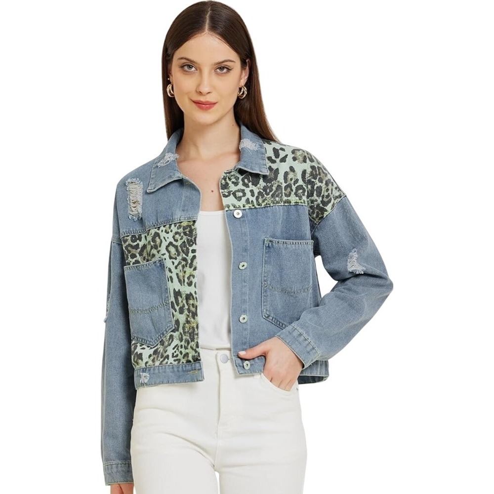 Allegra K Denim Jacket Leopard Print Distressed Relaxed Fit Jean Coat XL NWT